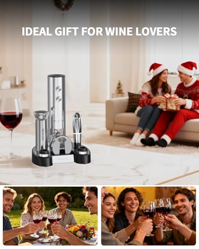 CIRCLE JOY Electric Wine Bottle Opener Set Stainless Steel Rechargeable Wine Opener 8-in-1 Wine Gift Set with Charging base, Foil Cutter, Wine Aerator Pourer, Vacuum Pump & 2 Wine Stoppers, Silver - color: 8-in-1 Silver