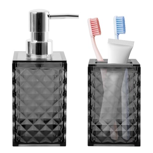 2 PCS Bathroom Accessory Set, Grey Soap Dispenser and Toothbrush Holder | Grey Bathroom Accessories Sets for Modern Bathroom Decor, Plastic Bathroom Sets - color: Grey, size: 2 pcs