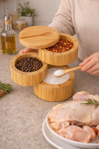 3-Tier Bamboo Salt Cellar with Magnetic Lid and Spoon, 10.15 oz | Ideal for Celtic Sea Salt, Ideal for Redmond Real Salt, Salt and Pepper Bowls