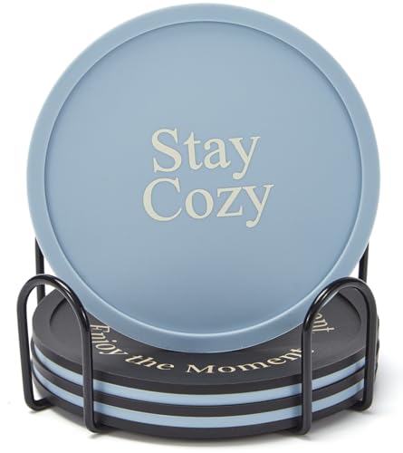 Silicone Coasters Set of 6, Premium Drink Coaster with Holder, Non-Slip, Non-Stick, Dishwasher Safe, Perfect for Hot and Cold Drinks, Protect Your Desks and Tables(3 Morandi Blue + 3 Black) - color: 3 Morandi Blue + 3 Black
