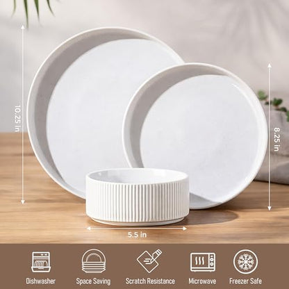 GBHOME Stoneware Dinnerware Sets for 4, 12 Pieces Plates and Bowls Set | Lightweight Ceramic Ribbed Dishes, Reactive Glaze Stackable Plate Set, Scratch Resistant, Microwave & Dishwasher Safe,White - color: White