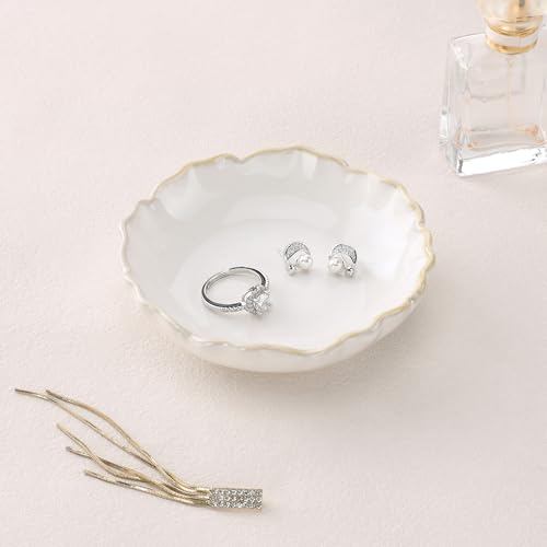 Ring Jewelry Dish Pastel White Ruffled Ceramic|Trinket Tray for Earrings, Necklaces|Mothers Day Birthday Friendship Gifts for Women|Vanity Organizer & Bathroom Decor - color: White