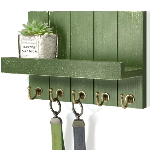 Rebee Vision Key Holder Wall Mount with Shelf for Home Decor, Green | 3.54 x 10 x 7.28 Inches, Pine Wood, Key Holder for Wall, 5 Hooks for Hats and Keys, Compact Organizer for Room Needs. - color: Green, size: 10 inches