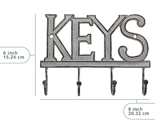 Comfify White Cast Iron Key Holder for Wall – Keys Sign with 4 Hooks | Clean white antique finish; mounting hardware included; entryway, hallway or door; 6"H x 8"L; holds 8 keychains - color: White