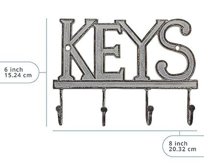Comfify White Cast Iron Key Holder for Wall – Keys Sign with 4 Hooks | Clean white antique finish; mounting hardware included; entryway, hallway or door; 6"H x 8"L; holds 8 keychains - color: White
