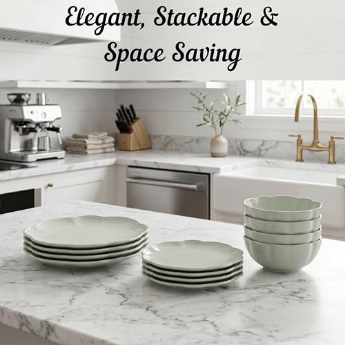Sango 12 Pieces Scalloped Dinnerware Set, Sage Green Dishes for 4, Premium Serving Plates & Bowls Sets, Chip Resistant, Ceramic Dishware, Kitchen Dish, Microwave & Dishwasher Safe, Bethany - color: Sage Green, size: 12-Piece Set