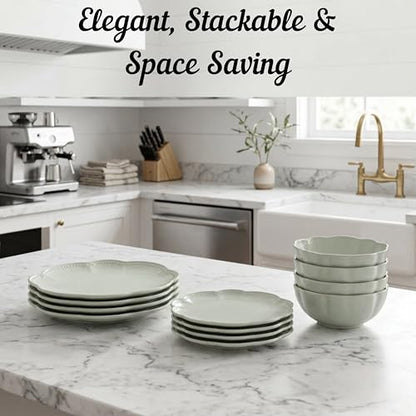 Sango 12 Pieces Scalloped Dinnerware Set, Sage Green Dishes for 4, Premium Serving Plates & Bowls Sets, Chip Resistant, Ceramic Dishware, Kitchen Dish, Microwave & Dishwasher Safe, Bethany - color: Sage Green, size: 12-Piece Set