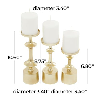 CosmoLiving by Cosmopolitan Aluminum Metal Decorative Candle Holder Pillar Candle Stand, Set of 3 Candlestick Holder 11", 9", 7" H, Gold - color: Gold