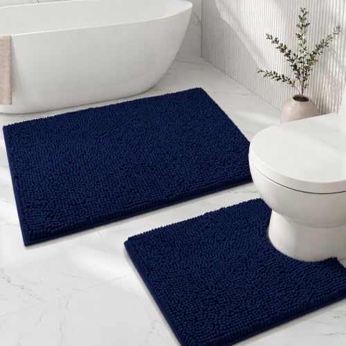 Bathroom Rugs Sets 2 Piece,Super Absorbent Soft,Thick,Machine Washable Chenille Bath Mat,Non Slip Toilet Floor Rug,Bath Mats for Bathroom,20x32 Plus 20x20 U Shape,Navy Blue - color: Navy Blue, size: 1'8" x 2'8" (20x32''+20x20''U shape)