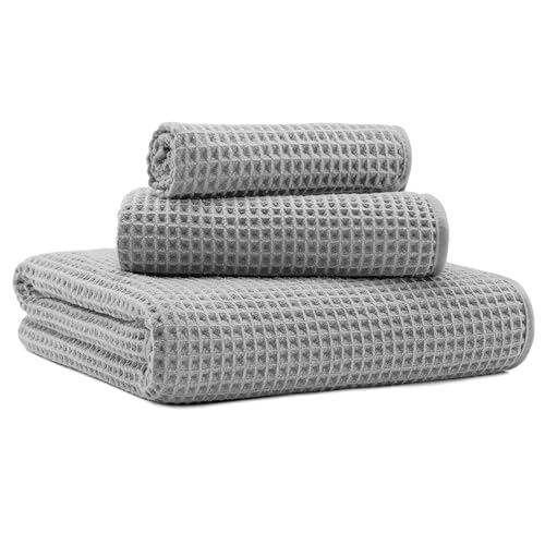 MICROFI New Microfiber Waffle Bath Towels, 3 Pieces, Oversized, Soft, Absorbent, Fast Drying, Lint Free, Includes Bath, Face and Hand Towels 430 GSM - color: Silver