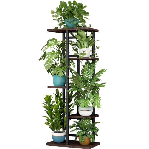 LINZINAR Plant Stand Indoor 5 Tier Metal Corner Tall Flower Shelf | Plant Rack for Multiple Plants, Tiered Flower Plant Holder for Patio, Garden, Balcony, Living Room, Bedroom Black Oak - color: Black Oak, size: 5 Tier-6 Potted