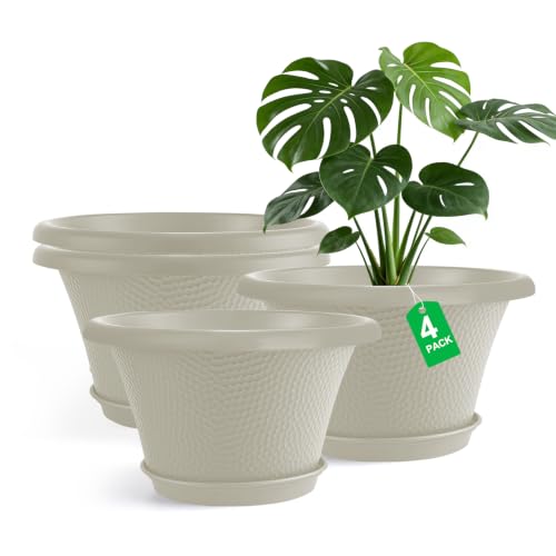 Quarut 12 Inch Pots for Plants,4 Pack Large Flower Pots with Saucer | Modern Planters for Indoor Outdoor Plants,Decorative Resin Garden Pots with Drainage Holes(Beige) - color: Diamond Pattern-beige, size: 12 inch-4 Pack