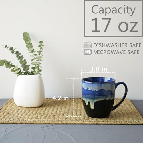Bosmarlin Ceramic Coffee Mug Set of 4, 17 Oz, Coffee Cups with Big Handle, Microwave Safe, Unique Reactive Glaze (17 Oz, Blue) - color: Ocean Drip