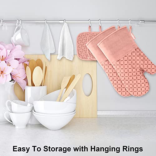 KEGOUU Oven Mitts and Pot Holders 6pcs Set, Kitchen Oven Glove High Heat Resistant 500 Degree Extra Long Oven Mitts and Potholder with Non-Slip Silicone Surface for Cooking (Pink) - color: Pink