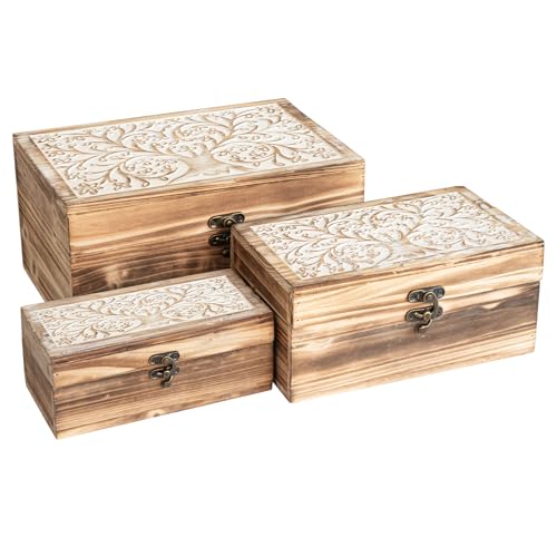 3 Piece Tree of Life Carved Wooden Keepsake Boxes with Lids, Decorative Storage Boxes for Home decor, Trinket Box for Jewelry and Memorabilia - color: Torched brown, size: 3 Sets