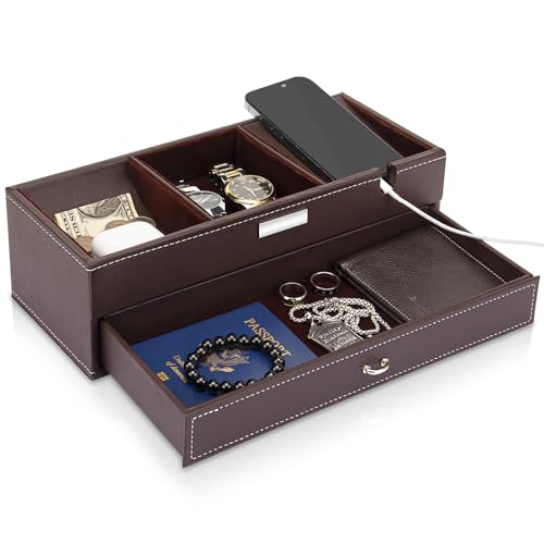 Baoyun Mens Valet Tray, Nightstand Organizers for Men, Leather Jewelry Storage Box Bedside Table Organizer EDC Catch All for Jewelry Key Wallet and Phone - color: Black
