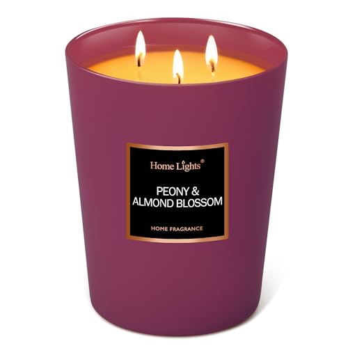 HomeLights Premium Scented Candles - 33.3 oz Natural Soy Wax, Aromatherapy for Home, Long Lasting Smokeless, 130 hrs Burn Time, 3 Cotton Wicks, Gifts for Women & Men - Peony & Almond Blossom - color: Peony & Almond Blossom