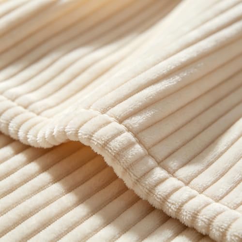 Throw Blanket for Couch, Fuzzy Soft Corduroy Blanket 50"x60", Lightweight Decorative Blanket for Living Room Bedroom Sectional Sofa, Cream White