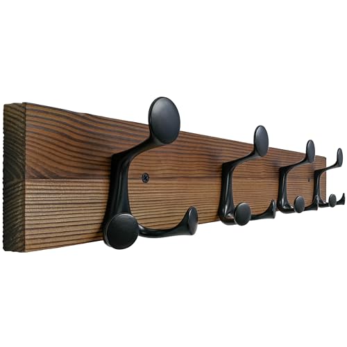 SKOLOO 24-Inch Wood Coat Rack Wall Mount with 4 Triple Hooks - Ideal for Family Entrances, Classrooms, and Pet Supplies Storage - Perfect Coat Hooks for Wall,Charred Golden Brown - color: Charred Golden Brown, size: 24 inch with 4 hooks