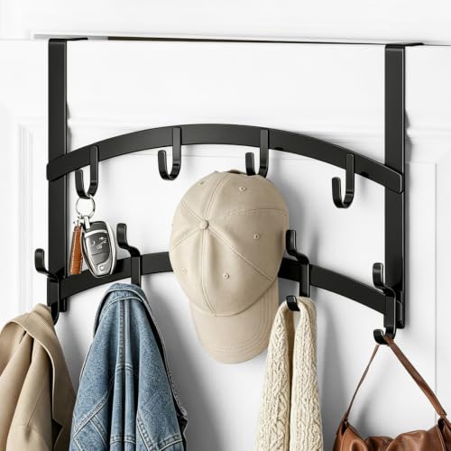 Consumest Over the Door Hooks Organizer - 2 Tier Door Hanger with 14 Hook Heavy Duty Stainless Steel for Towels, Coats, Jackets & Bags, Towel Rack for Bathroom Bedroom, Fits Up to 1.77" Doors, Black - color: Black