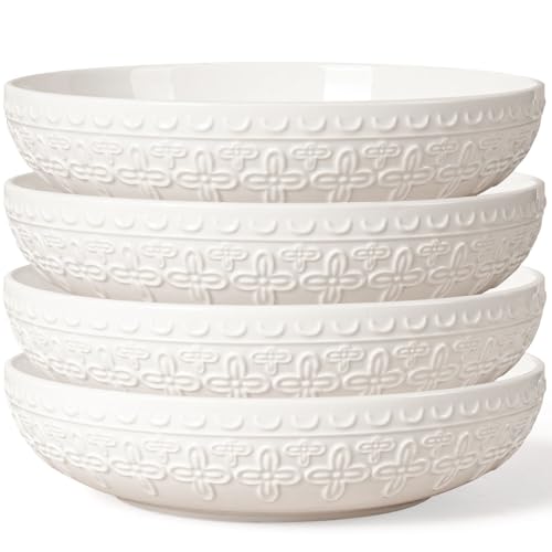 Pasta Bowls 32oz, Ceramic Large Salad Bowls 8 inch, White Embossed Soup Bowl Set of 4 for Entertaining, Serving, Dinner, Wide Shallow Microwave Dishwasher Oven Safe (Four-Leaf Clover) - color: Four-Leaf Clover
