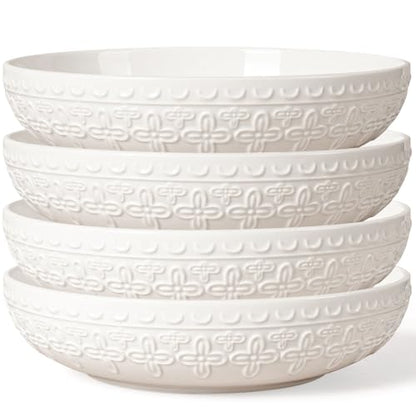 Pasta Bowls 32oz, Ceramic Large Salad Bowls 8 inch, White Embossed Soup Bowl Set of 4 for Entertaining, Serving, Dinner, Wide Shallow Microwave Dishwasher Oven Safe (Four-Leaf Clover) - color: Four-Leaf Clover