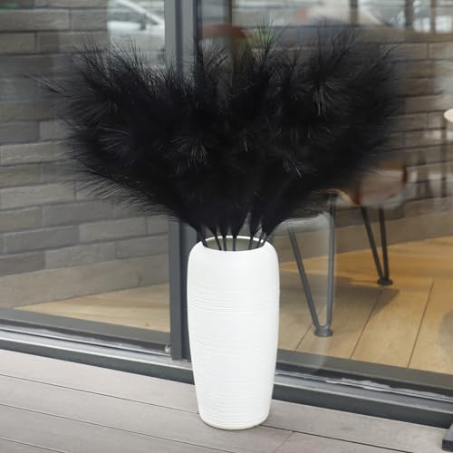 8 Pcs 38''/97cm Tall Faux Large Pampas Grass Decor, Black | Artificial pompous pompas, fluffy fake plants, floor vase filler, or wedding kitchen home boho decorations