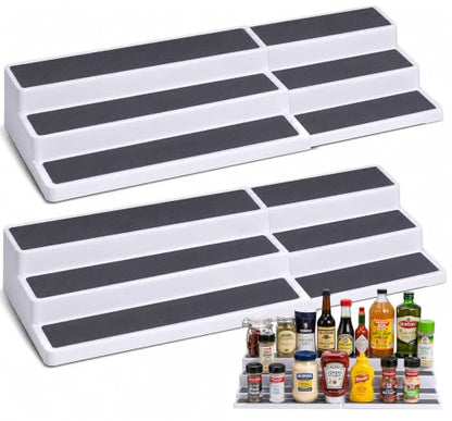 Oizeir Plastic 3-Tier Expandable Spice Rack, Adjustable Length, Stability with Non-Skid Shelf, For Easy Visibility, Organizer for Kitchen Cabinet, Pantry or Countertop, (2-Pack), White/Grey | Expandable Plastic Spice Rack Organizer, Adjustable Length 3 Ti
