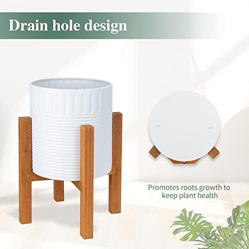 2-Piece White Metal Planter Set with Wood Stand, Indoor Mid Century Modern Planters with Drainage, 8" & 10" | Planter with Drainage Hole, Elevated Wooden Holder, Indoor Home Decor for Snake Plants, Pothos and Large Houseplants