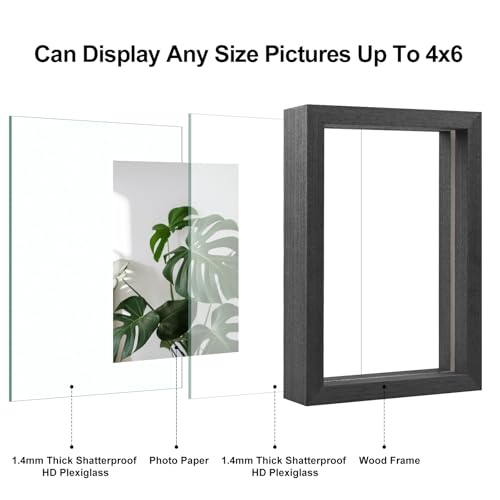 Egofine 4x6 Floating Frames Set of 2, Double Plexiglass Picture Frame, Made of Solid Wood Display Any Size Photo up to 4x6, Wall Mount or Tabletop Standing, Faded Black - color: Faded Black, size: 4x6