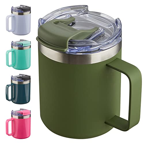 12oz Insulated Travel Coffee Mug with Handle, Army Green | Stainless Steel Coffee Tumbler with Lid, Double Wall Vacuum Thermal Cup for Camping - color: Fliping Lid: Army Green, size: 1 Count (Pack of 1)