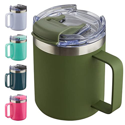 12oz Insulated Travel Coffee Mug with Handle, Army Green | Stainless Steel Coffee Tumbler with Lid, Double Wall Vacuum Thermal Cup for Camping - color: Fliping Lid: Army Green, size: 1 Count (Pack of 1)