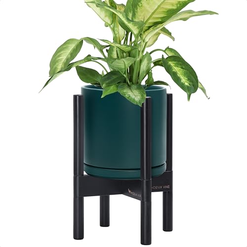 D'vine Dev Ceramic Pot with Ebony Wood Stand, Teal, 8 in, 55-B-M-4 | Mid-Century Modern Design, Raised Plant Display, Solid Beech Wood Stand, Premium Craftsmanship, Sophisticated Home Decor - color: Teal Pot + Ebony Stand, size: 8 Inch
