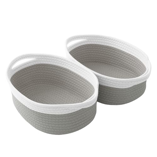 2 Pack Small Woven Rope Basket with Handles, White&Grey | Empty Gifts Basket with Bag and Ribbons, Cute Handle Organizer Box, Birthday/Baby Shower, Toy Storage - color: 2PC-White & Grey