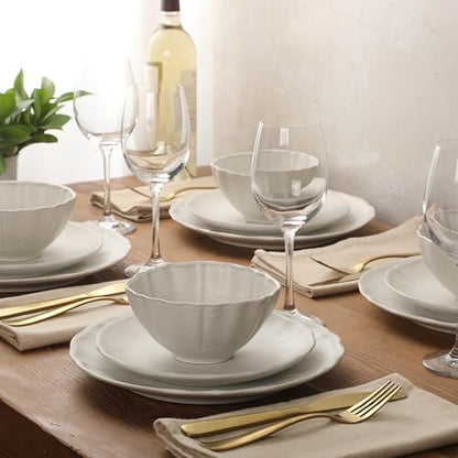 Gibson Elite Vista Rossio - Made In Portugal - 12 Piece Dinnerware Set for 4, White Ceramic Plates and Bowls Sets, Stoneware Dishware Set with Scalloped Edge, Dinner Plates Salad Plates & Cereal Bowls - color: White (Vista Rossio Dinnerware)