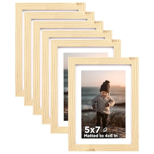 5x7 Picture Frame Wood Grain Set of 6 Photo Frames Matted 4x6 | 5 x 7 Wooden Picture Frame with Plexiglass Fits 4x6 with Mat or 5x7 without Mat for Table and Wall Display - color: Wood Grain, size: 5x7