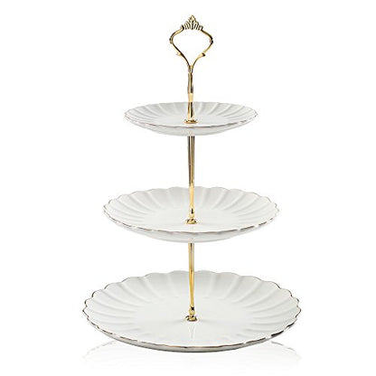 Sweejar 3 Tier Ceramic Cake Stand Wedding, Dessert Cupcake Stand for Tea Party Serving Platter (White) - color: White