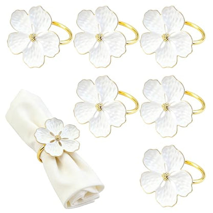 6 Pcs Napkin Rings, Flower Napkin Rings Holder Floral Table Setting Decoration for Table Settings, Glossy Serviette Buckles Decor (White)