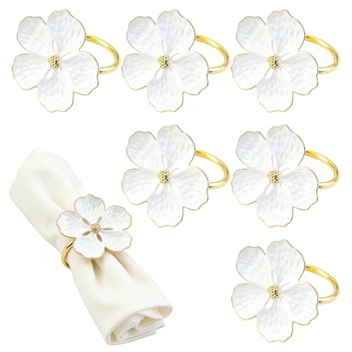 6 Pcs Napkin Rings, Flower Napkin Rings Holder Floral Table Setting Decoration for Table Settings, Glossy Serviette Buckles Decor (White)