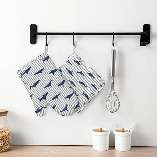 Sharks Oven Mitts and Pot Holders Sets Silicone Blue Shark Grey Stripes Kitchen Oven Mitts Hot Pads Heat Resistant Potholders Kitchen Mitts Set for Baking BBQ Cooking - color: Blue Grey
