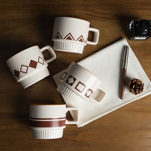 Coffee Mugs Set, Ceramic Espresso Cups, 11 oz, Set of 4, Beige&Brown | for Au Lait, Cappuccino,Latte,Cafe,Mocha,Tea, Geometric Pattern Cups Suit For Housewarming Wedding- - color: Beige