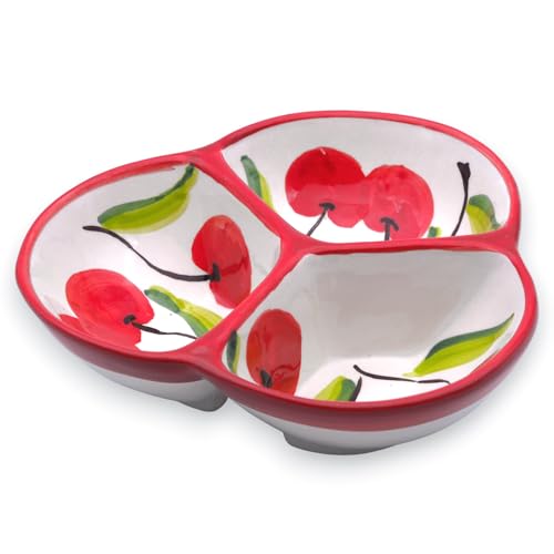 3-Compartment Ceramic Serving Dish, Handmade in Spain | 7.5” divided chip and dip bowl with lead-free glaze, microwave, oven and dishwasher safe, ideal for tapas, snacks and sauces - color: Cherry Bliss