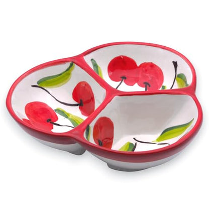 3-Compartment Ceramic Serving Dish, Handmade in Spain | 7.5” divided chip and dip bowl with lead-free glaze, microwave, oven and dishwasher safe, ideal for tapas, snacks and sauces - color: Cherry Bliss
