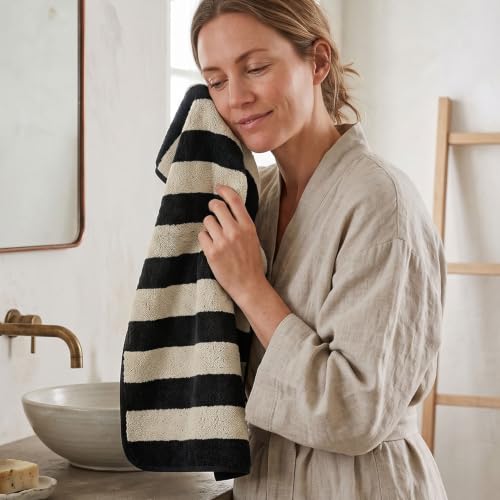 2-Piece Hand Towels for Bathroom Kitchen Decor - Black & Cream Stripe | Hand Towel, Cotton Soft for Spa Gym Travel, 13 x 29