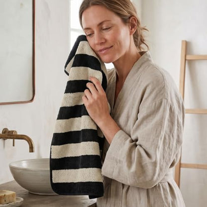 2-Piece Hand Towels for Bathroom Kitchen Decor - Black & Cream Stripe | Hand Towel, Cotton Soft for Spa Gym Travel, 13 x 29
