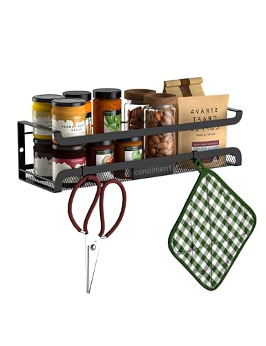 Spice Rack Wall Mount with Hooks - Spice Racks Organizer for Cabinet Storage, Wall Mounted Hanging Shelf Seasoning Organizer, for Kitchen, Pantry Door, Bathroom (Black, 1 Pack) - color: Black, size: 1 Pack