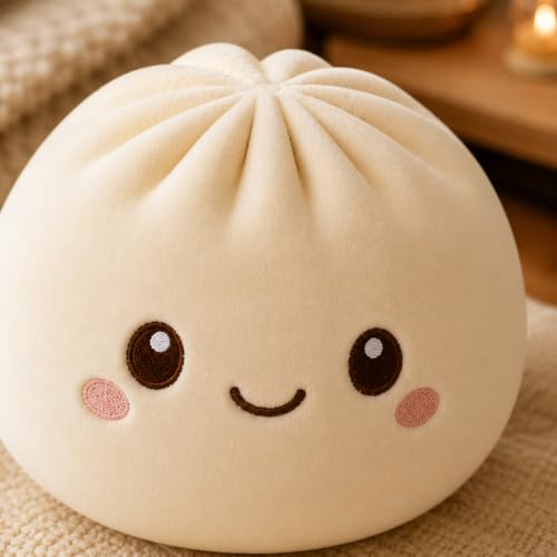 Juju Bao Bun Cushion - Soft Velvet Round Steamed Bun Throw Pillow with Embroidered Face for Sofa and Bed Decor