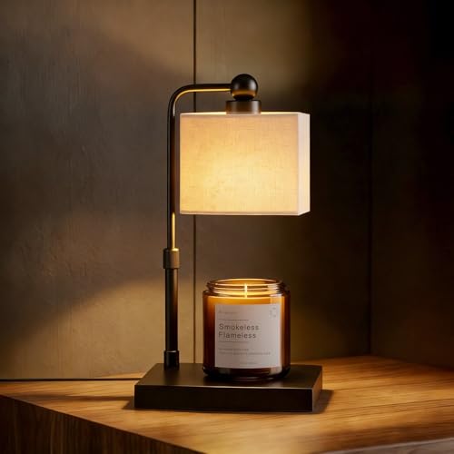 Candle Warmer Lamp with Timer, Dimmable, Adjustable Height, Modern Farmhouse Linen Shade, Black Candle Warming Lamp for Up to 6-Inch Jar Candles, 2 Bulbs Included - color: Flaxen-Rectangular