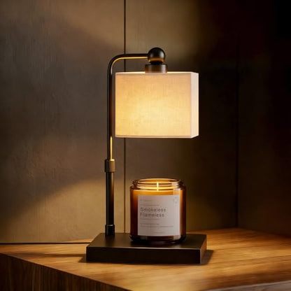 Candle Warmer Lamp with Timer, Dimmable, Adjustable Height, Modern Farmhouse Linen Shade, Black Candle Warming Lamp for Up to 6-Inch Jar Candles, 2 Bulbs Included - color: Flaxen-Rectangular