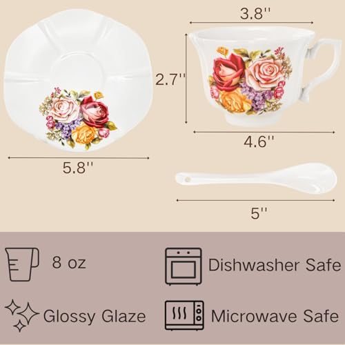 Pumtus Tea Cups and Saucers Set of 6, 8 OZ Vintage Ceramic Teacups with Spoon, Floral Rose British Coffee Mug, Elegant Bone China Cup Gift Set for Cappuccino, Espresso, Latte, Afternoon Tea Party